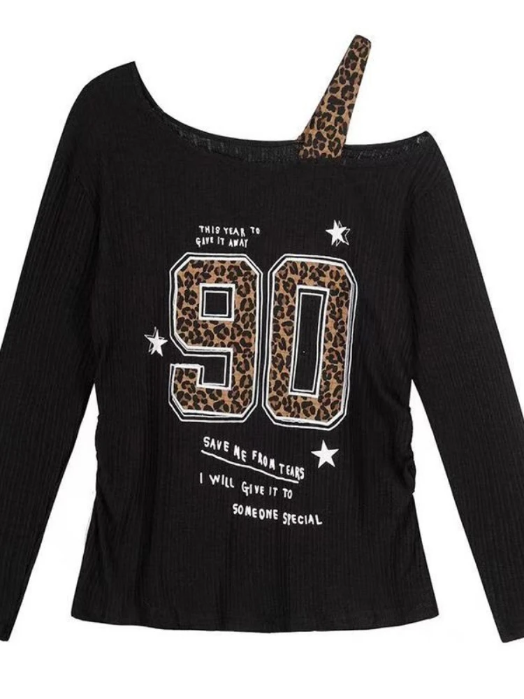 Shirts - Y2K Patchwork Leopar Desenli Tişört Kadın